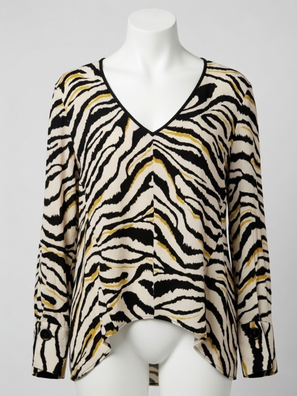 Zara Basic Zebra Print V Neck Shirt Animal High Low Long Sleeve Flowy Top Size S